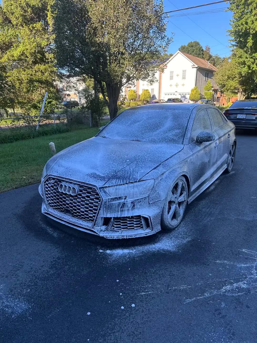 Audi RS3 foam bath during a hand wash in a Fairfax driveway