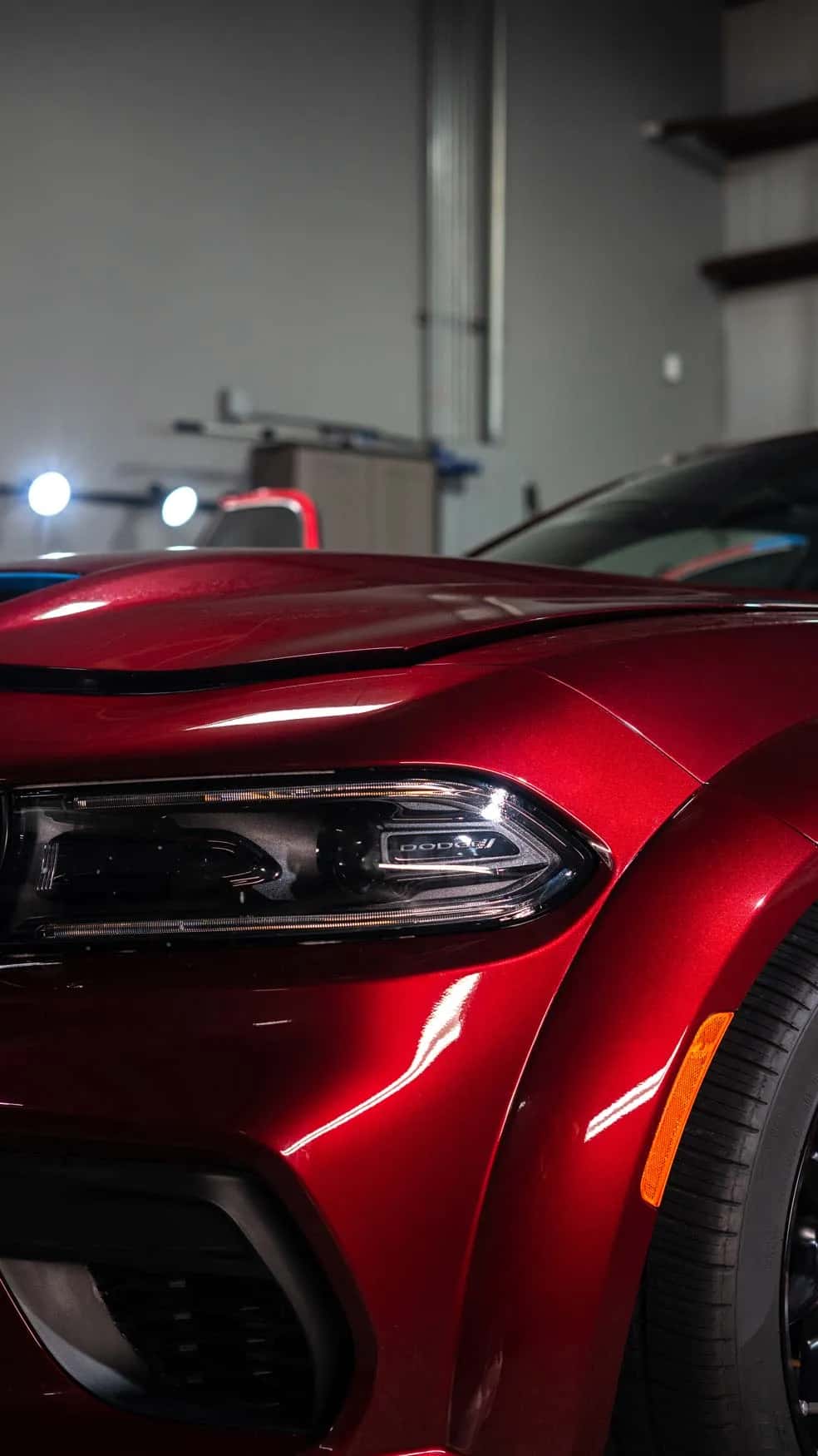 Deep red Dodge Charger paint after multi-step paint correction